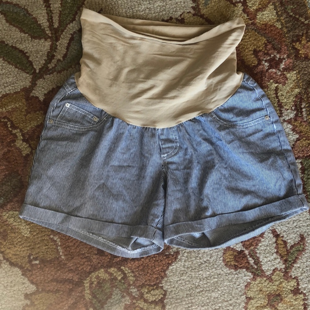 Blue and White Striped Maternity Shorts